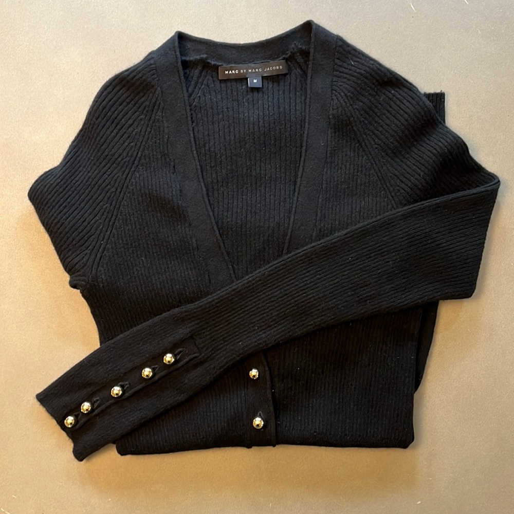 Marc by Marc Jacobs V-Neck Ribbed Black Cashmere Cardigan with Gold Buttons M